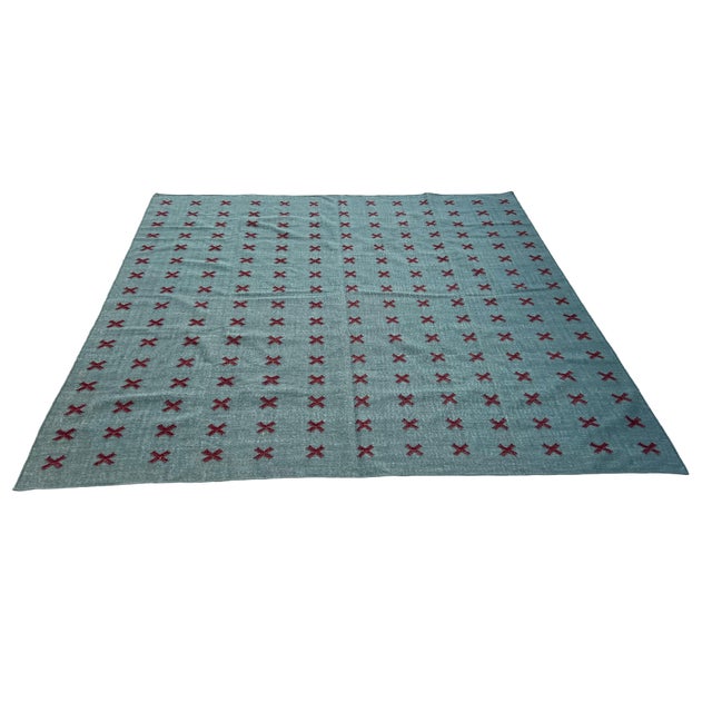 Handwoven New Zealand Wool, Natural Vegetable Dyed, Turquoise Blue And Burgundy Cross Patterned Indian Rug- 8'x10' These...