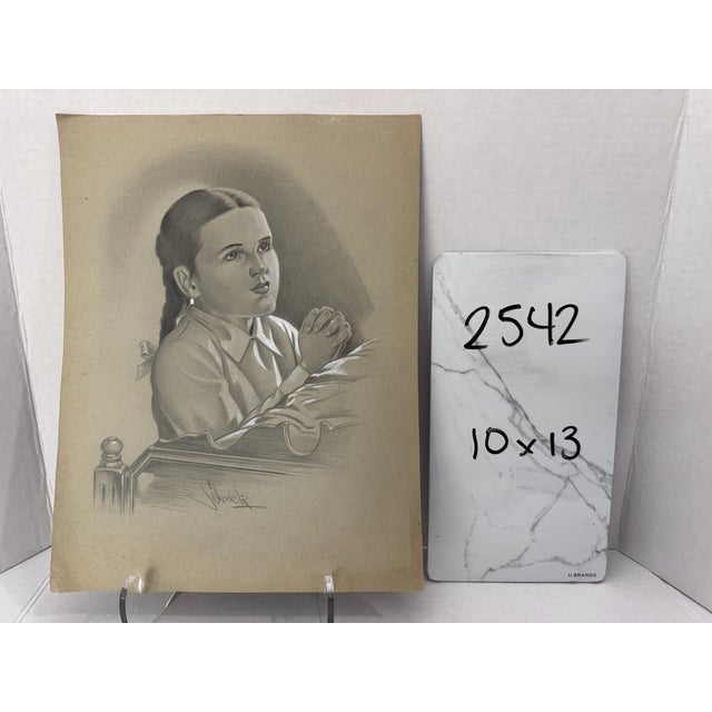 1940s Original Signed Graphite Illustration of Praying Girl at Bedside, 13 × 10 In. For Sale In Atlanta - Image 6 of 6