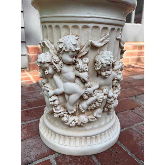 Decorative Corinthian Column in Classical Style With Cherubs Holding a Floral Swag For Sale - Image 4 of 8