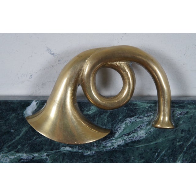 Mid 20th Century Vintage Green Marble Brass French Horn Handle Cheese Serving Board Tray For Sale - Image 5 of 12