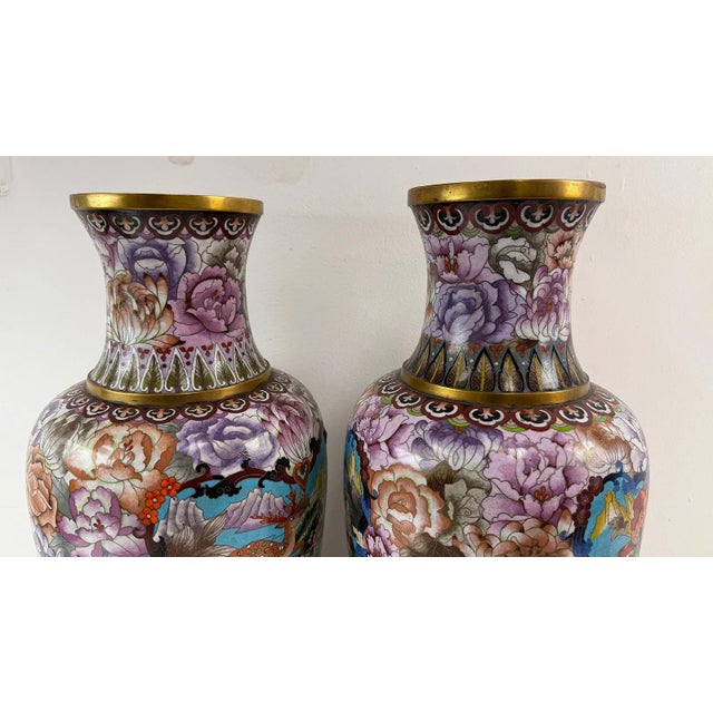 Pair of Large Chinese Cloisonne Enamel Vases Deer Animals Flowers Pink For Sale In New York - Image 6 of 9