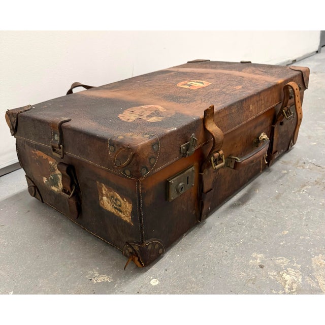 Early 20th Century Antique Early 20th Century Leather Moynat Paris Luggage Trunk With Cruise Line Stickers For Sale - Image 5 of 17