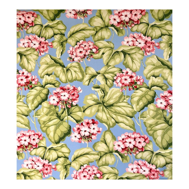 Discontinued Bloomcraft Floral Screen Print Fabric — 4 Yards in Sky Blue & Pink Geranium Pattern For Sale
