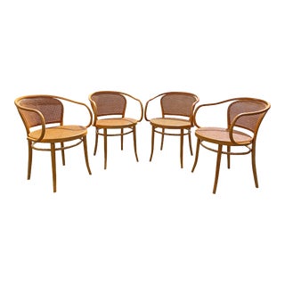 Modern Vintage Cane “Prague” Arm Chairs by Josef Hoffman for Thonet Set of 4 For Sale