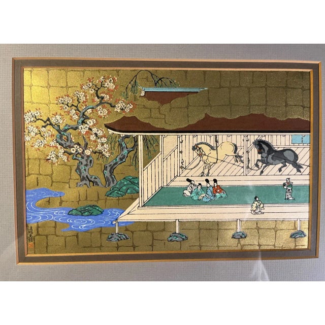 Original Mid-Century Gold Gilt Japanese Equestrian Horses Woodblock Print Signed/Stamped Aprox. dimensions: Frame: 14" x...