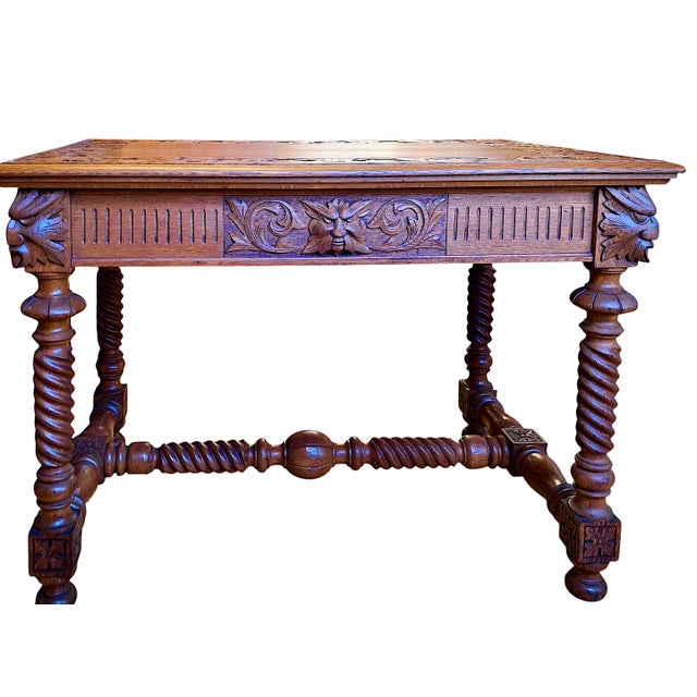 Traditional Renaissance Revival-Style Oak Library Table With Drawer For Sale - Image 3 of 14