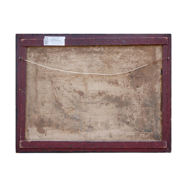 Abstract folk art painting of a western scene by an unknown artist. The work features a cowboy wearing spurs in a corral...