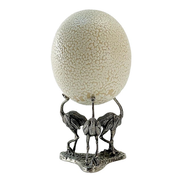 1980s Vintage Ceramic Decorative Faux Ostrich Egg on Pewter Stand For Sale