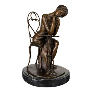 Art Nouveau Parisienne Lady Bronze, Seated at Café Table on Marble – 14” Tall For Sale