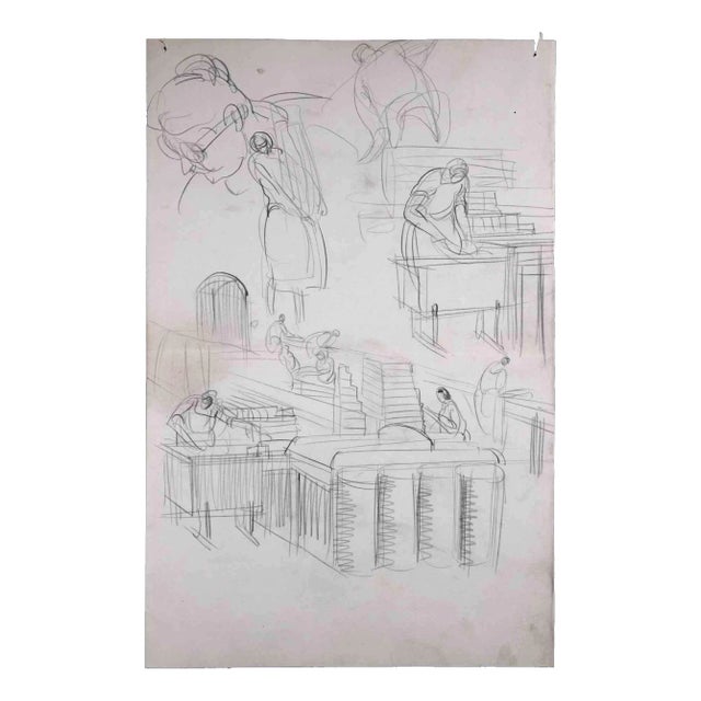 Sketches of Establishment, Original Drawing, Mid 20th-century For Sale