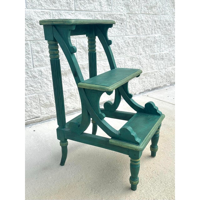 Green Tuscany Italian Country Carved &Amp; Distressed Green Painted Wood 3-Step Library Ladder For Sale - Image 8 of 11