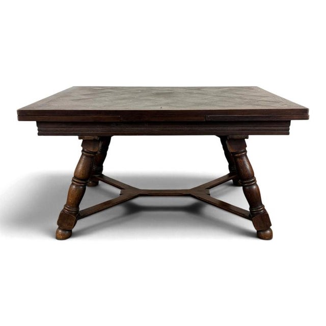 2000 - 2009 Extendable Oak Table with Parquet Top and Baluster Base For Sale - Image 5 of 5