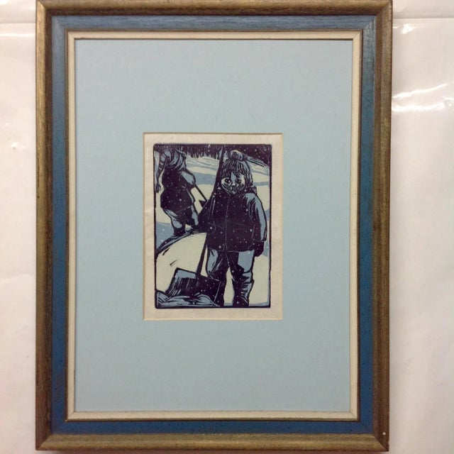 Mid-Century Scandinavian wood cut depicting a winter wonderland.