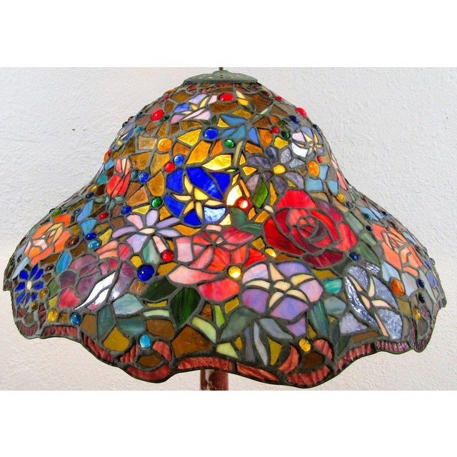 Tiffany and Co. Vintage Tiffany Style Stained Glass Roses Poppies Cabochons Bell Lampshade For Sale - Image 4 of 18