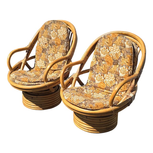 1970's Pair of Vintage Bamboo Rattan Mid Century Modern Swivel Orange Chairs For Sale