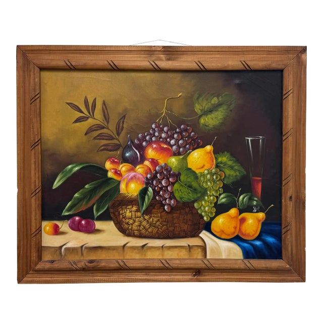 Mid 20th Century Still Life Fruit Basket Framed Painting For Sale