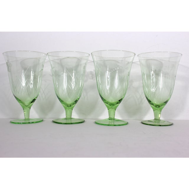 Etched Dragonfly Butterfly Mid 20th Century Spring Green Grass and Flowers Large Goblets- Set of 4 For Sale - Image 9 of 12