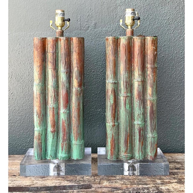Vintage Faux Bamboo Lamps on Lucite Plinth - A Pair For Sale - Image 4 of 12
