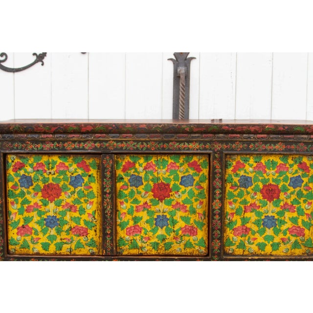 Yellow Antique Painted Floral Tibetan Cabinet For Sale - Image 8 of 12