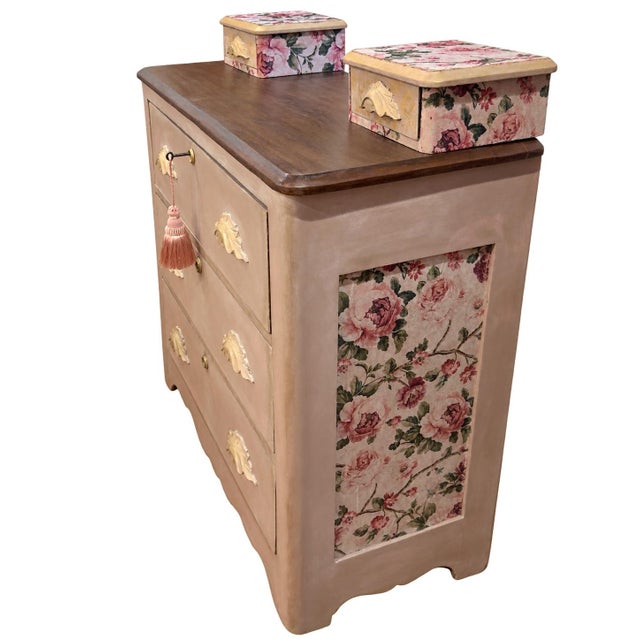 French Country 19th Century French Country Romantic Blush Dresser With Floral Decoupage & Matching Jewelry Boxes For Sale - Image 3 of 8