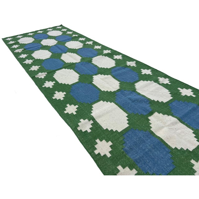 Handmade Woolen Dhurrie Runner, Moss Green, White and Sky Blue Swedish Tile Runner- 3.5'x10' For Sale - Image 12 of 13