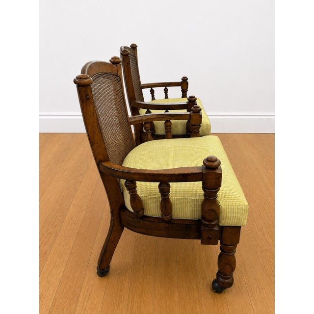 1970s Pair of 1970s Kane Back Captain’s Chairs Antiqued Walnut Stained Frames - New Seat Cushions With New Upholstery. For Sale - Image 5 of 6