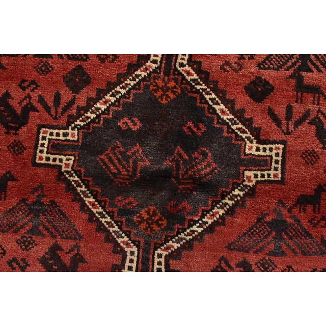 Textile Shiraz Rug 3’6′ X 5′ Red Wool Vintage Tribal Hand-Knotted Oriental Carpet For Sale - Image 7 of 12