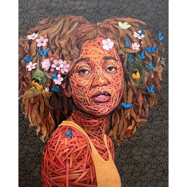 Oasis by Ifeoluwa Alade | Acrylic and glow in the dark medium on canvas portrait of a woman with floral elements. For Sale