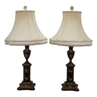 Late 20th Century Chelsea House Neoclassical Black Tole Painted Trophy Urn Table Lamps 32" - a Pair For Sale