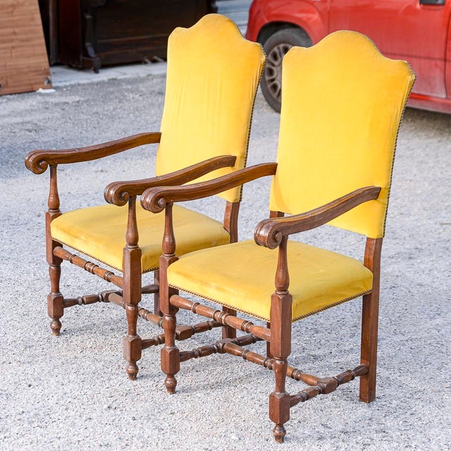 Wood Armchairs in Carved Wood and Yellow Velvet, 1980s, Set of 2 For Sale - Image 7 of 18
