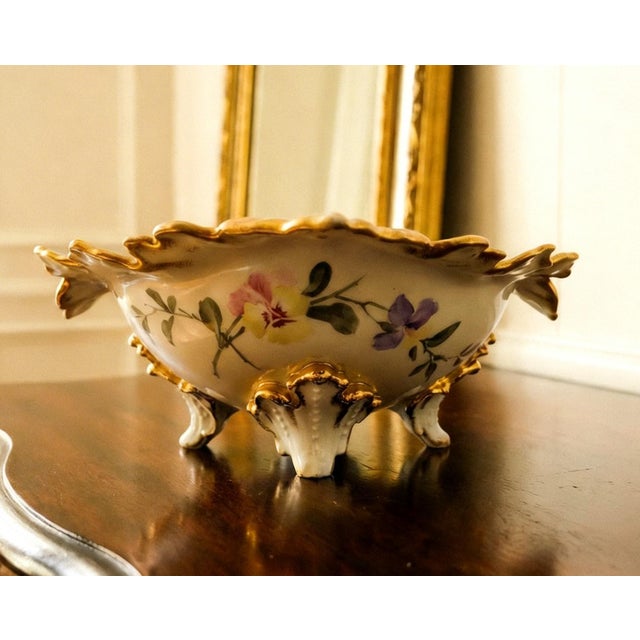 French Country Vintage Hand-Painted Hollywood Regency Porcelain Centerpiece Bowl With Gilt Trim & Floral Motif For Sale - Image 3 of 13