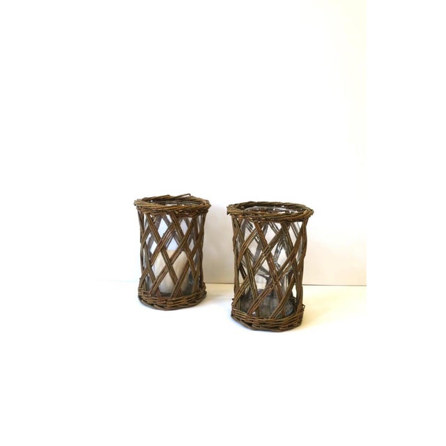 Hurricane Candles Lamps Wicker and Glass, Pair For Sale In New York - Image 6 of 9