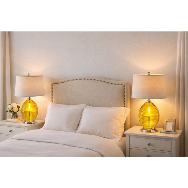 Modern Vintage Citron Ribbed Glass Table Lamps With Chrome Bases & Green-Lined Shades - a Pair For Sale - Image 3 of 6
