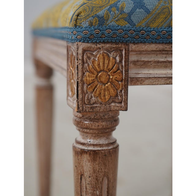 Blue French Louis XVI Blue & Gold Damask Upholstered Stool For Sale - Image 8 of 12