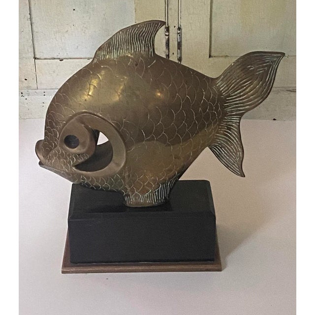 Vintage 1980s Bronze or Brass Fish Sculpture on Wooden Base For Sale In West Palm - Image 6 of 9
