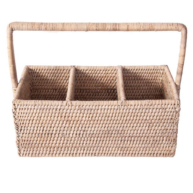 Artifacts Rattan 3 Section Caddy/Cutlery Holder with Handle in White Wash For Sale - Image 10 of 10