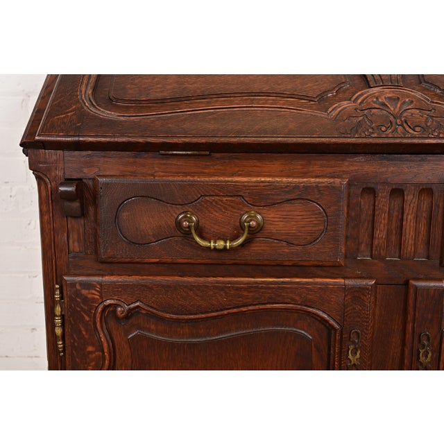 Antique French Provincial Louis XV Carved Oak Drop Front Secretary Desk, Circa 1900 For Sale - Image 9 of 14