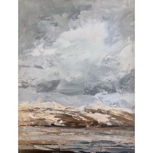 Before the Storm by Sandra Pratt | Oil on linen panel Landscape with dark clouds and distant hills For Sale