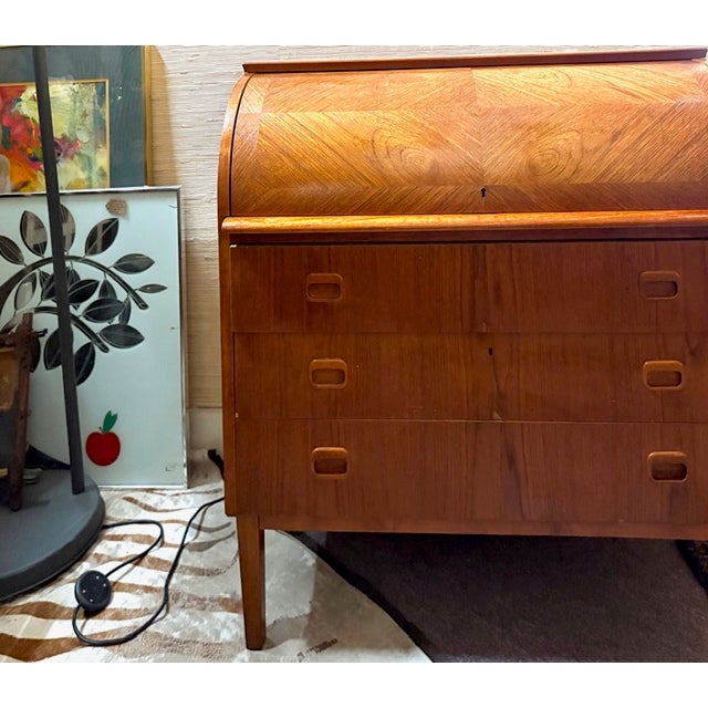 Wood Mid Century Swedish Bookmatched Teak Roll Top Secretary Desk by Egon Ostergaard for Smi, Signed For Sale - Image 7 of 13