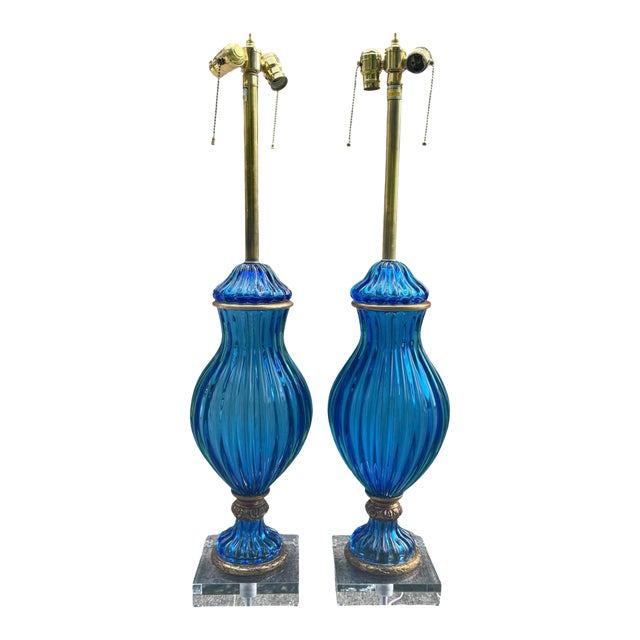 Marbro Vintage Murano Glass Table Lamps – Blue For Sale