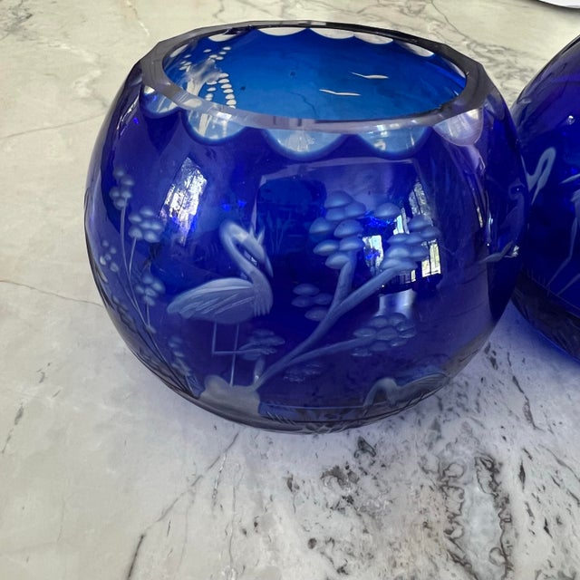 Pair of vintage Bohemia COBALT BLUE Swans Artist Etched CRYSTAL Vase Rose Bowls 4" These beautiful vases can also be used...