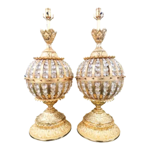 Vintage Hollywood Regency Glamourous Gold Metal Crystal Large Sphere Table Lamps
