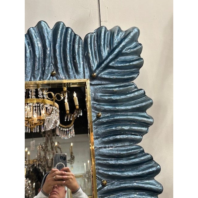 Modern Murano Blue Glass Leaf Form Mirror For Sale - Image 3 of 6