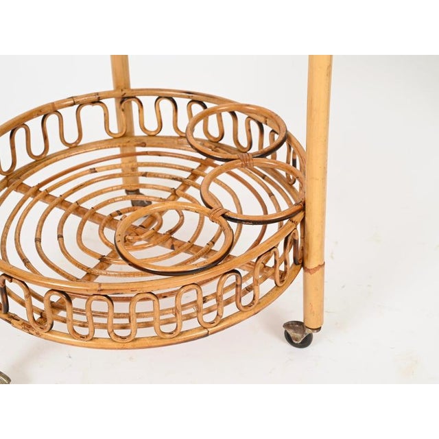Round Serving Bar Cart in Bamboo, Rattan and Wicker by Franco Albini, Italy, 1960s For Sale - Image 11 of 12