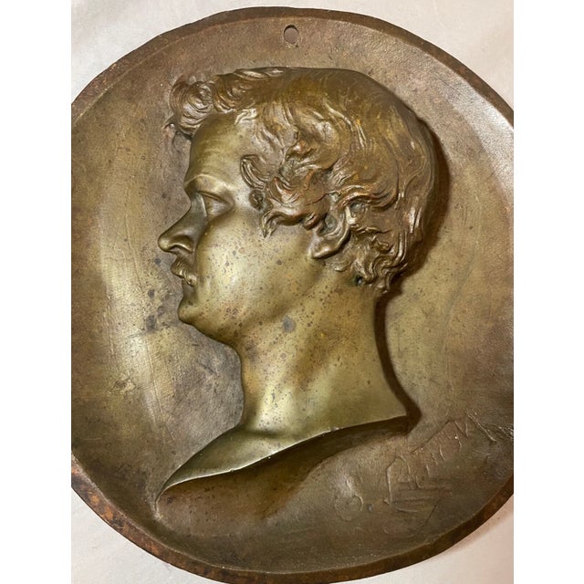 Metal High Quality Antique Signed Thick Bronze Relief Portrait Wall Plaque Medallion For Sale - Image 7 of 11