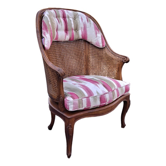 Late 20th Century Italian Louis XV Style Walnut Double Wall Caned and Upholstered Bergère Armchair For Sale