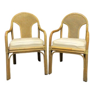 1950s Matching Pair of Ficks Reed Bamboo and Rattan Back Upholstered Seat Armchairs For Sale