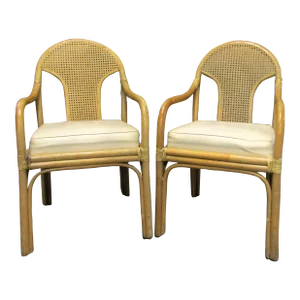 1950s Matching Pair of Ficks Reed Bamboo and Rattan Back Upholstered Seat Armchairs