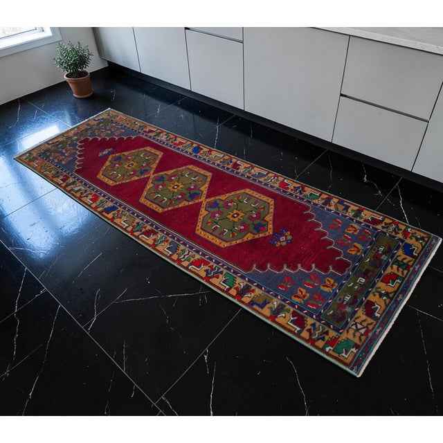 Shabby Chic 1960s Hand-Knotted Turkish Rug Runner. Tribal Short Runner Rug 3′ × 9′8″ For Sale - Image 3 of 16