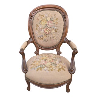 Victorian Floral Needlepoint Tapestry Covered Armchair For Sale